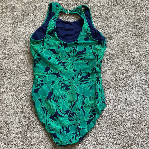 Lands' End High Neck Navy & Green Palm Leaf Print One-Piece UPF Swimsuit sz XL - Picture 3 of 7